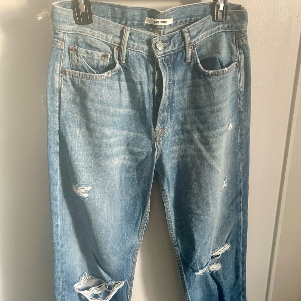New GRLFRND The Helena Straight Leg Medium Wash Blue Distressed Ankle Denim Jean - Picture 2 of 11